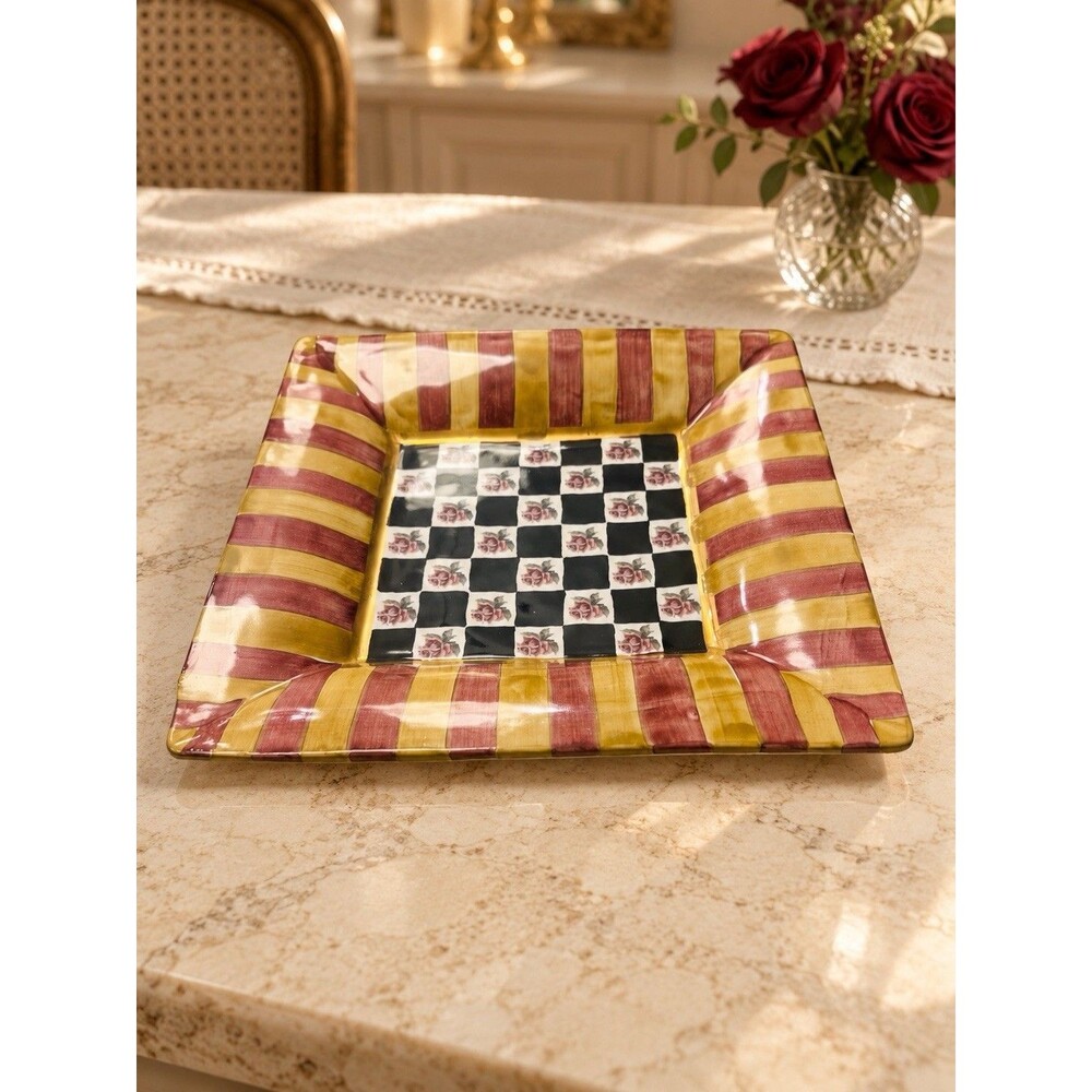 Vintage MacKenzie-Childs Torquay Frank & Mustard 12” Square Platter 2002